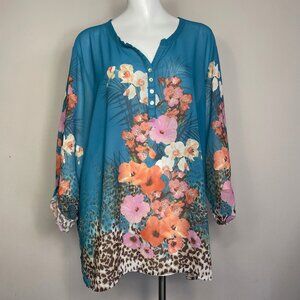 Multiples Blouse Size 1X Tunic Button Front Top Shirt Sheer 3/4 Sleeve Floral